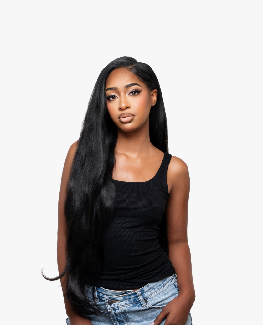 Woman with long black hair wearing a black tank t— full install on model