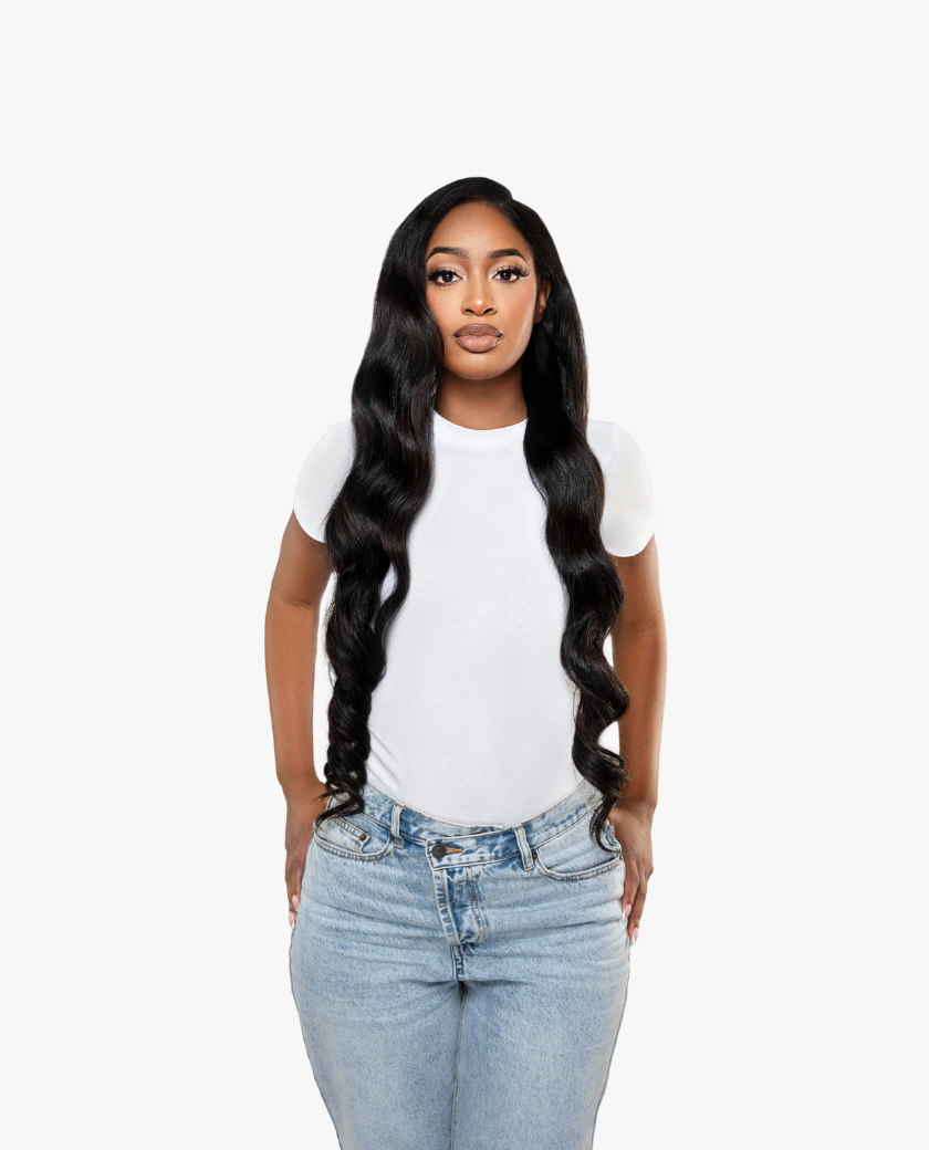 Woman with long, wavy black hair wearing  — full install on model